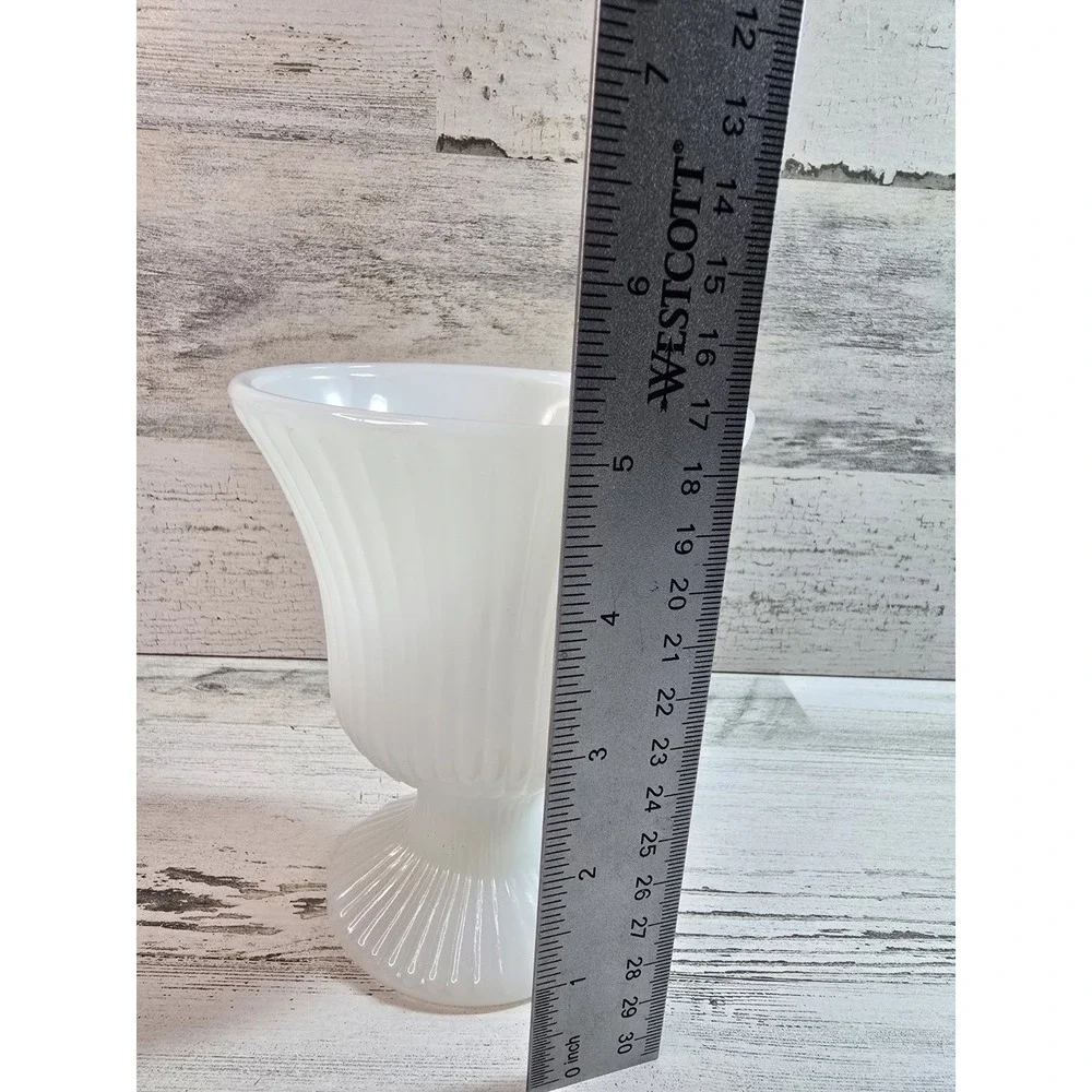EO Brody Co White Milk Glass‎ Fluted Pedestal Vase M7000 Cleveland Ohio 6.25in
